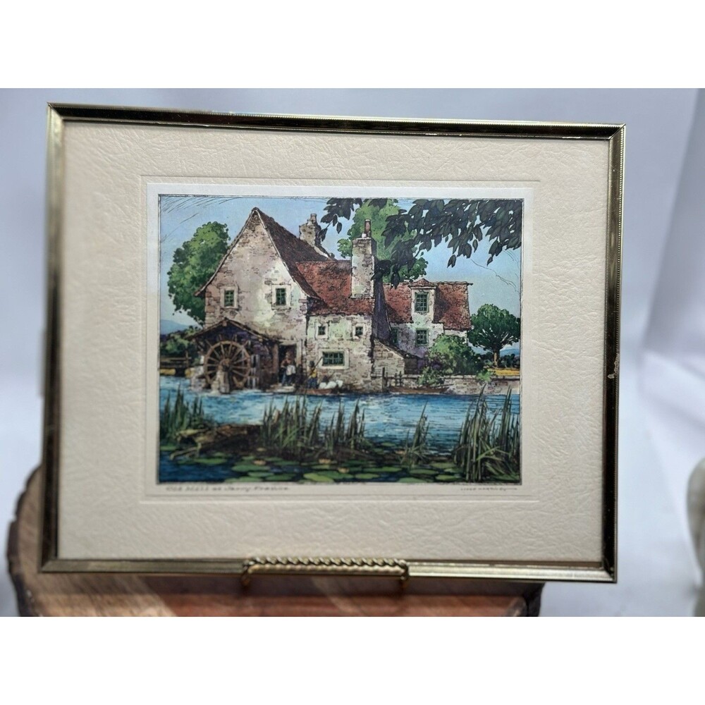 Original Painting Old Mill at Jarcy, France Signed Framed Matted Brass